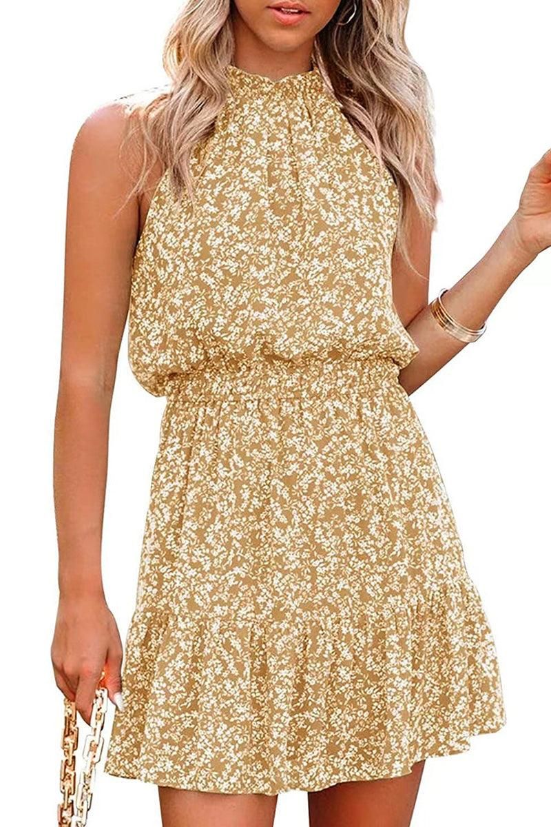 FLORAL TIGHTEN WAIST SHORT HALTER NECK DRESS - Doublju