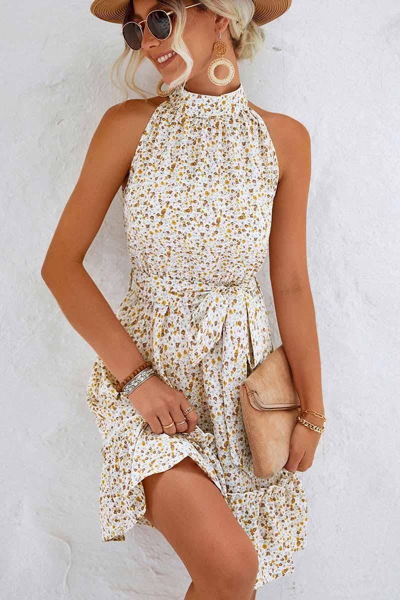 FLORAL HALTER NECK TIED WAIST RUFFLED SHORT DRESS - Doublju