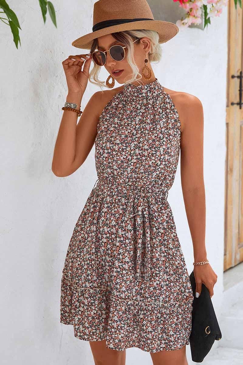 FLORAL HALTER NECK TIED WAIST RUFFLED SHORT DRESS - Doublju