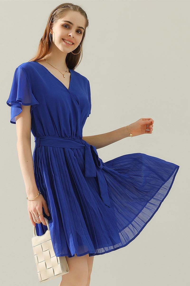 TIED WAIST PLATED V NECK CHIFFON DRESS - Doublju