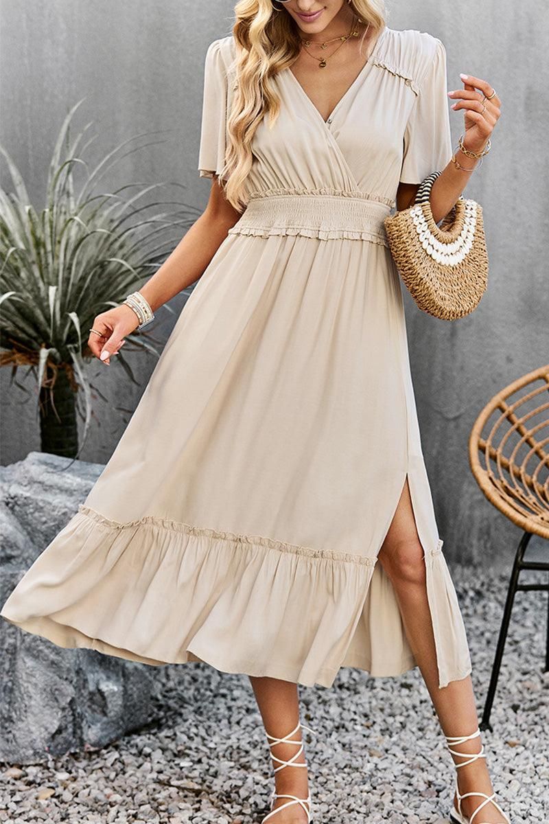 WIDE SLEEVE TIGHTEN WAIST SLIT RUFFLED DRESS - Doublju