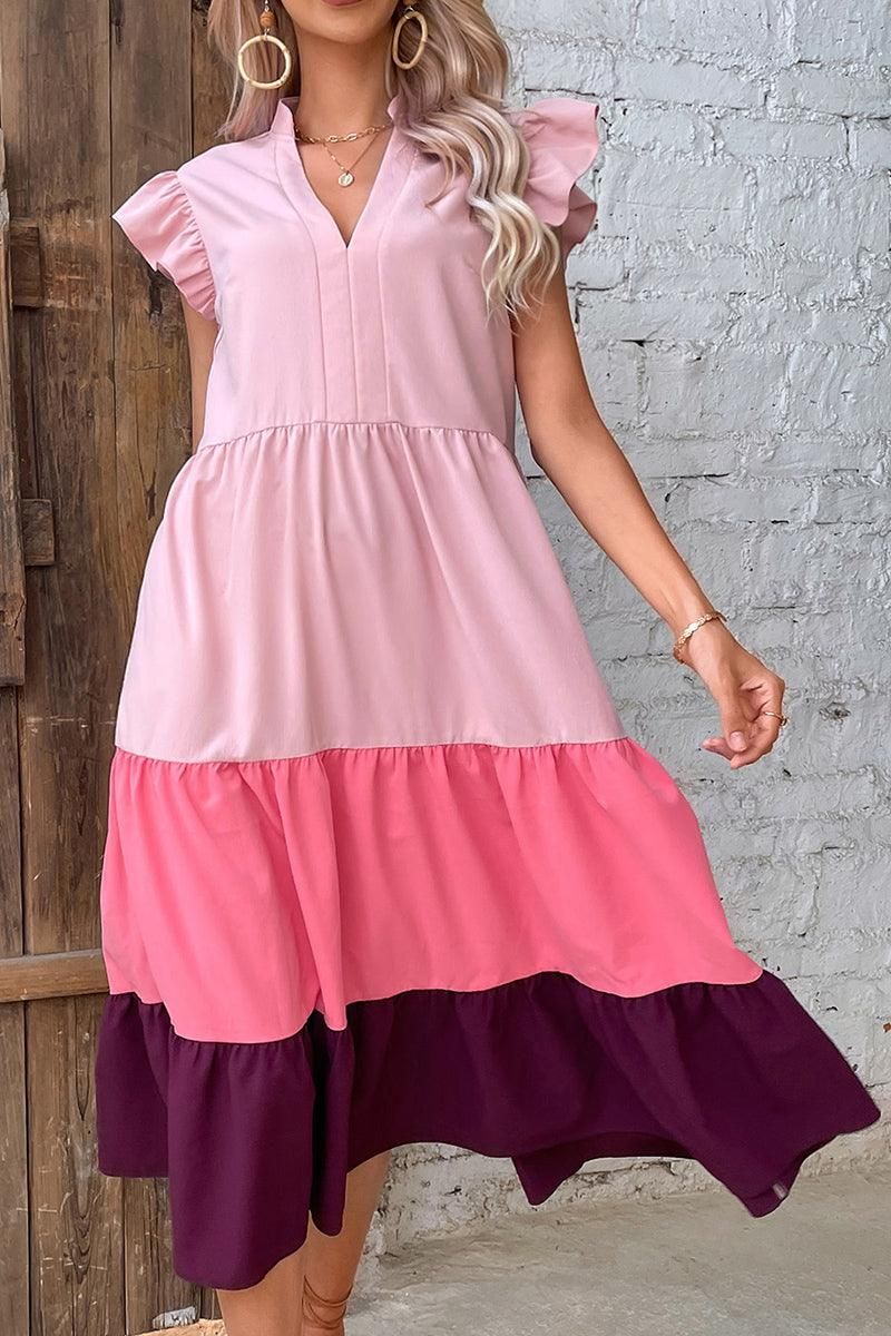 V NECK COLOR BLOCK ANGEL SLEEVE CAKE DRESS - Doublju