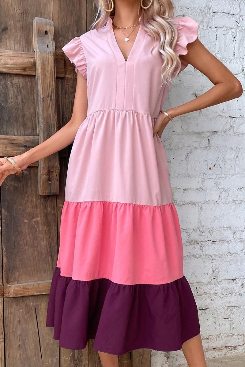 V NECK COLOR BLOCK ANGEL SLEEVE CAKE DRESS - Doublju