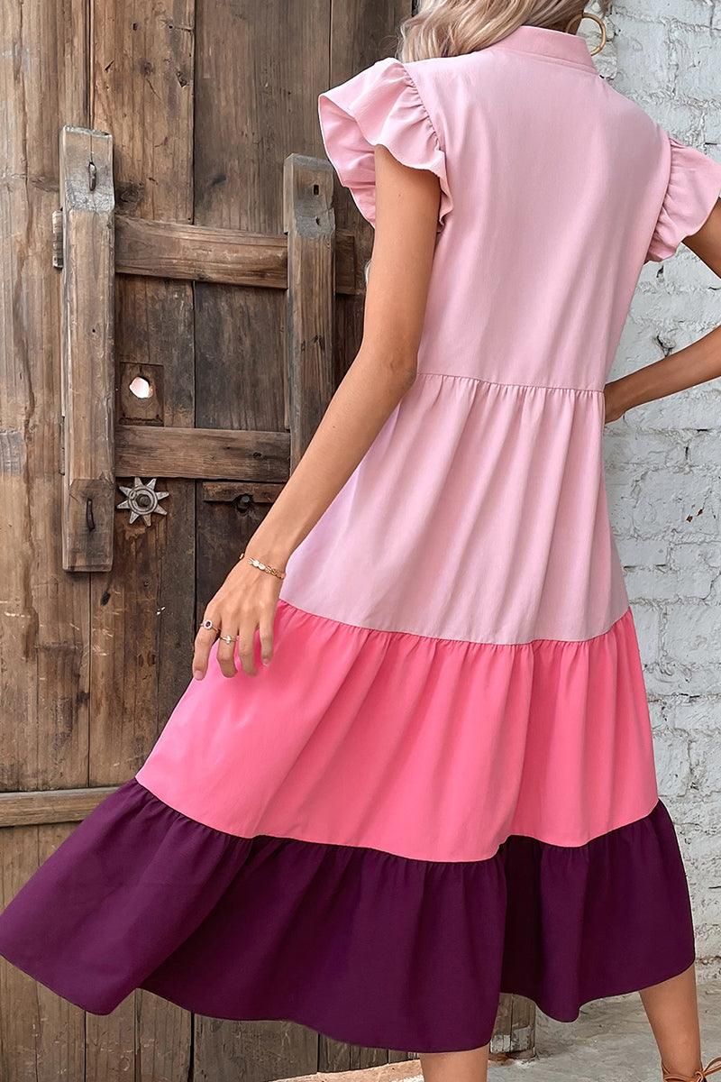 V NECK COLOR BLOCK ANGEL SLEEVE CAKE DRESS - Doublju