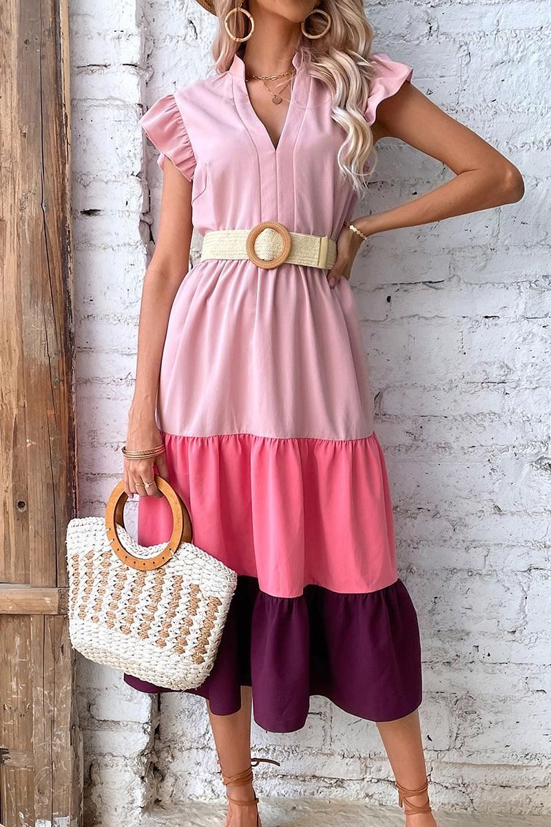 V NECK COLOR BLOCK ANGEL SLEEVE CAKE DRESS - Doublju