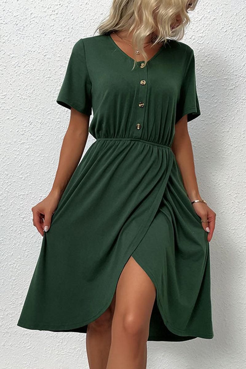 BUTTON POINT TIGHTEN WAIST SLIT DRESS - Doublju