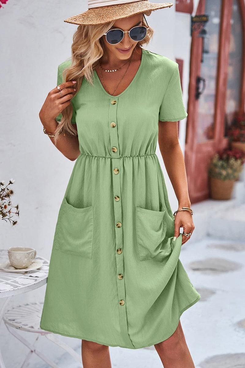 BIG POCKET BUTTON TIGHTEN WAIST SHORT DRESS - Doublju