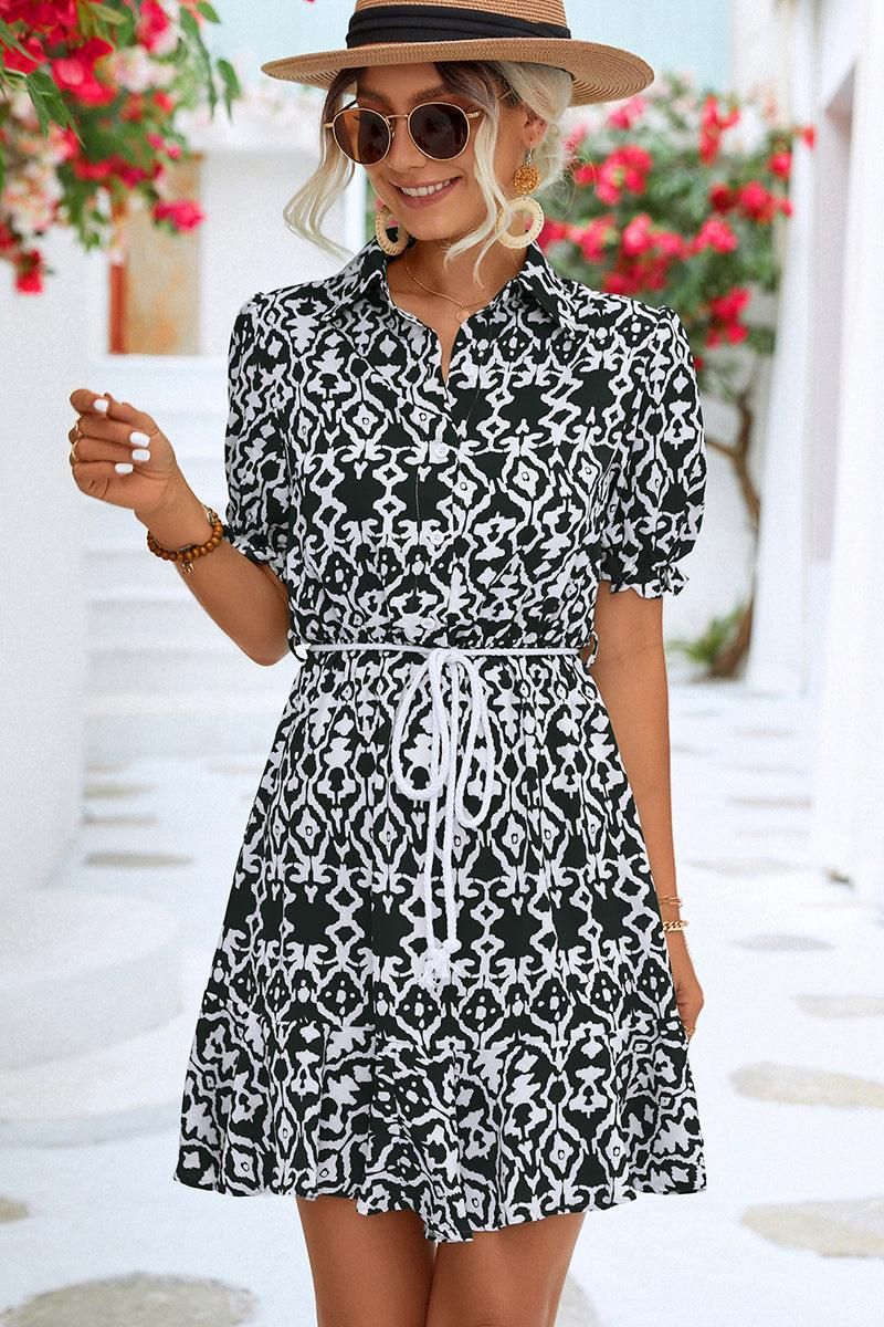 BUTTON NECK COLLARED WOMEN DRESS - Doublju