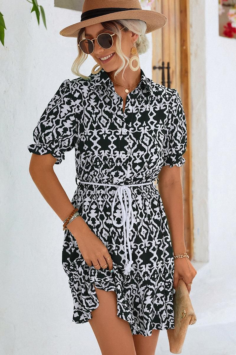 BUTTON NECK COLLARED WOMEN DRESS - Doublju