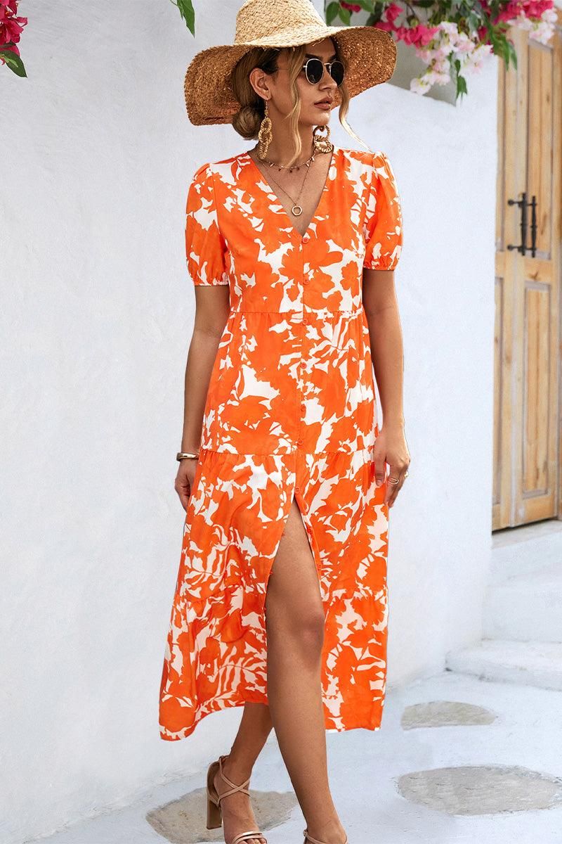 FLORAL PRINTING WOMEN SLIT DRESS - Doublju