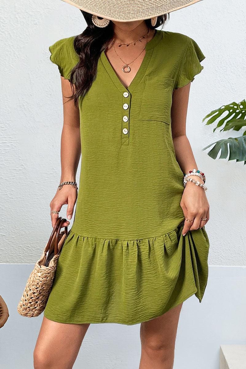 BUTTON DETAIL V NECK RUFFLED WOMEN DRESS - Doublju