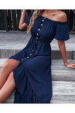 OFF SHOULDER BUTTONED DRESS - Doublju