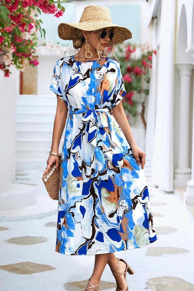 MARBLE PRINTING WAIST TIED WOMEN MIDI DRESS - Doublju