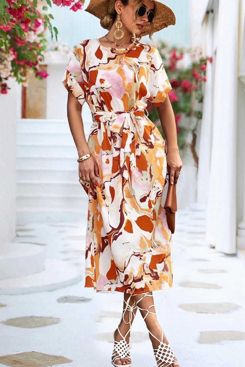 MARBLE PRINTING WAIST TIED WOMEN MIDI DRESS - Doublju