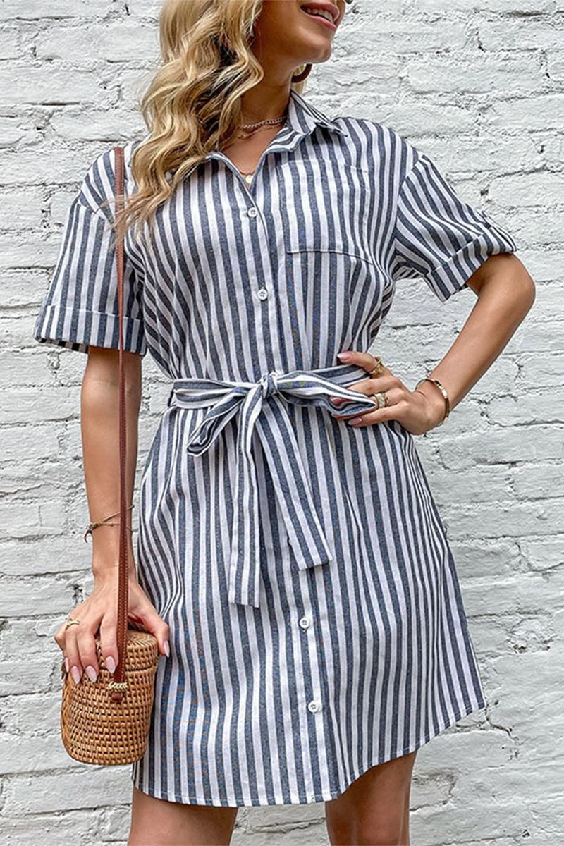 WOMEN BUTTON UP STRIPE SLIT DRESS - Doublju