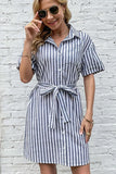 WOMEN BUTTON UP STRIPE SLIT DRESS - Doublju