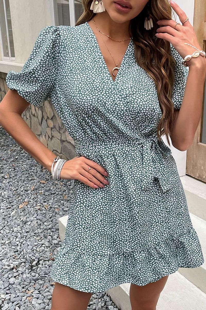 WOMEN V NECK RUFFLED HEM MINI DRESS - Doublju