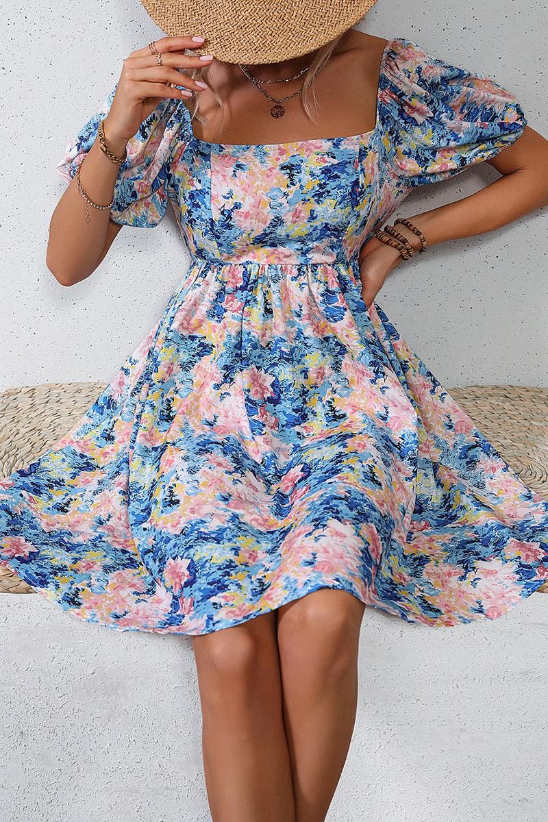 WOMEN FLORAL PUFF SLEEVE SLIM WAIST FLOWY DRESS - Doublju