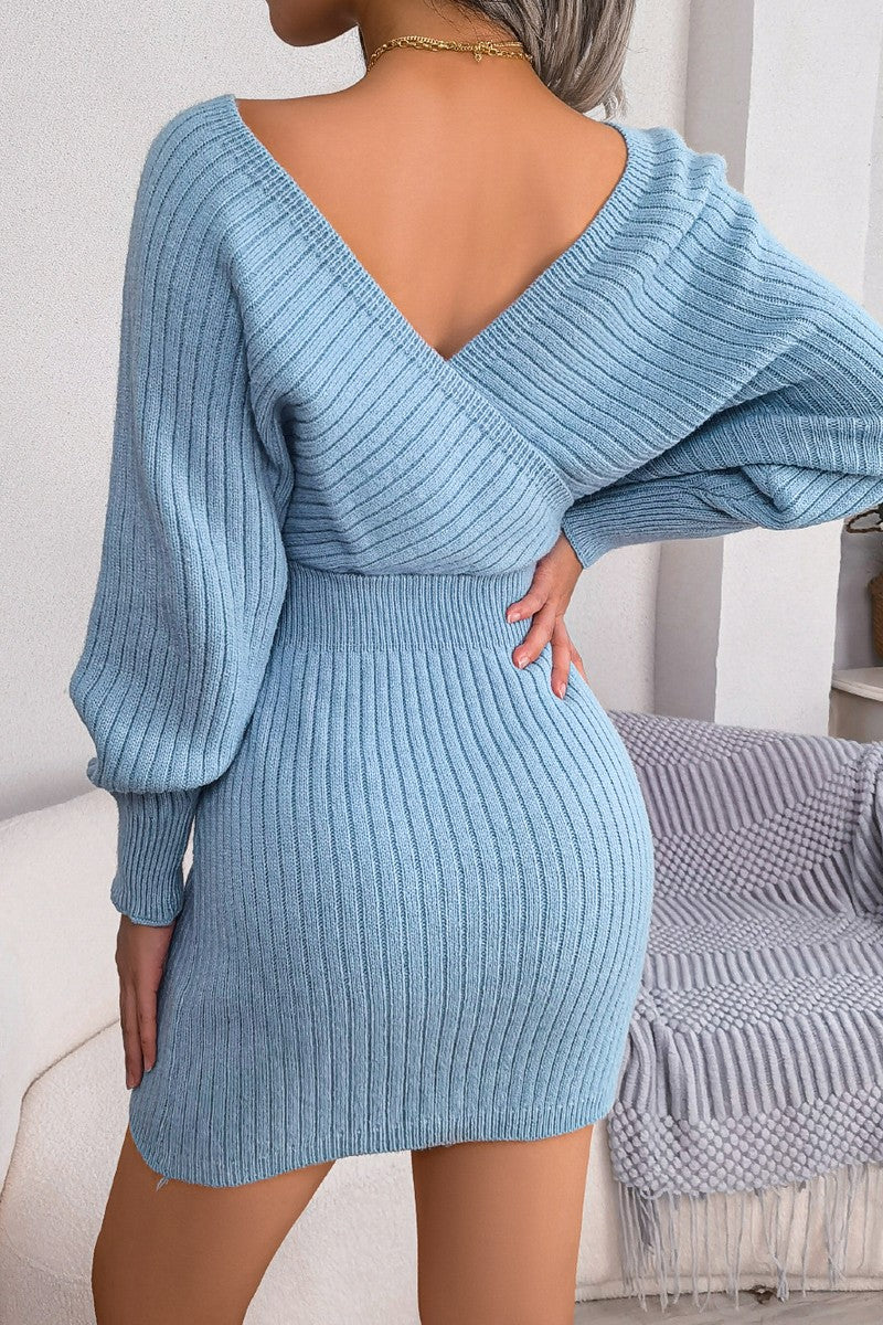 WOMEN SEXY WRAP SLIM WAIST KNITTED SHORT DRESS