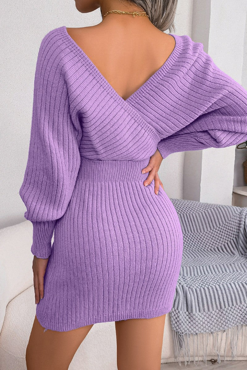 WOMEN SEXY WRAP SLIM WAIST KNITTED SHORT DRESS