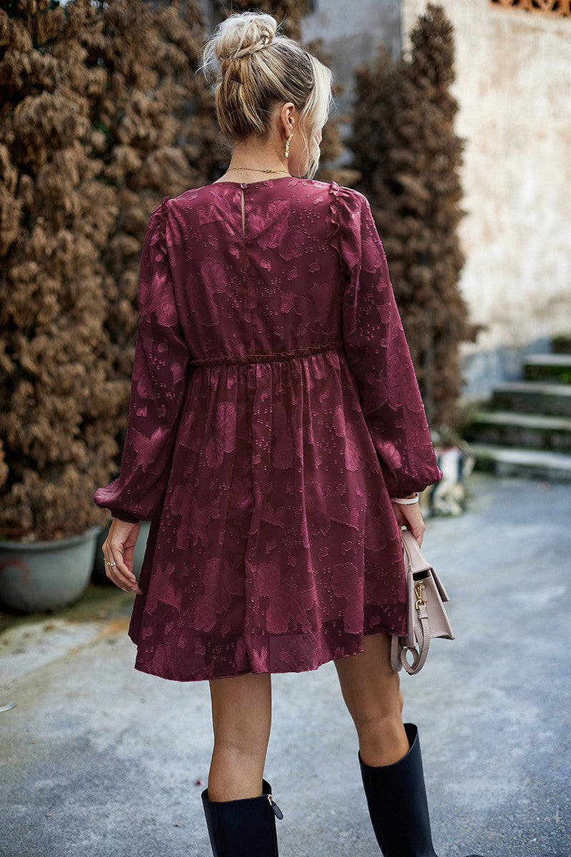 WOMEN LOOSE FIT LACE LONG SLEEVE CHIFFON DRESS