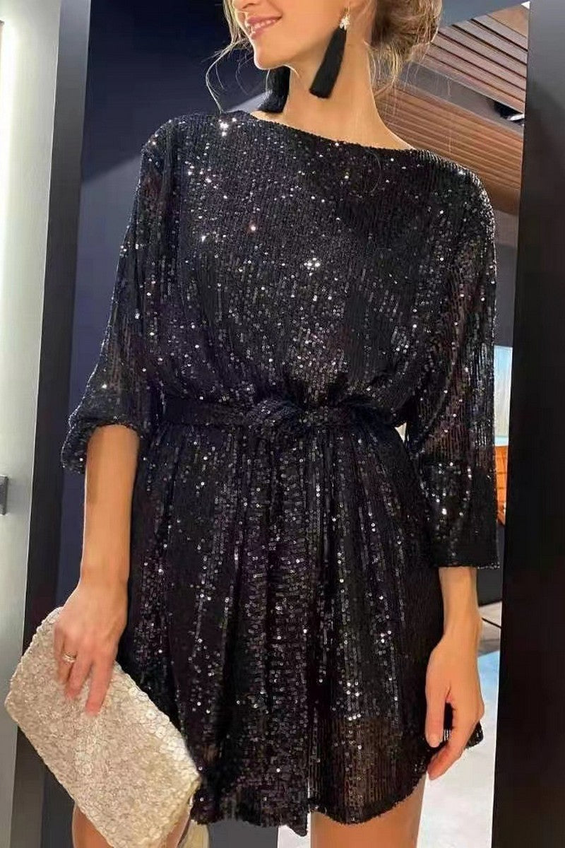 WOMEN TIED WAIST SEQUIN MINI PARTY NIGHT DRESS