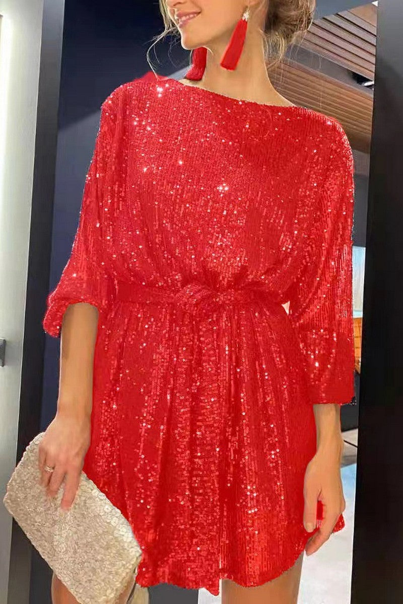 WOMEN TIED WAIST SEQUIN MINI PARTY NIGHT DRESS