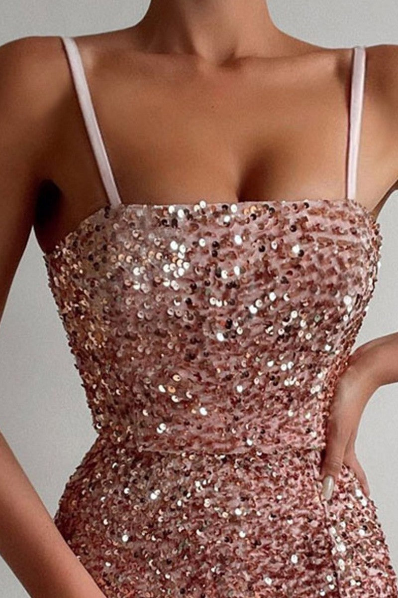 WOMEN SPAGHETTI STRAP SEQUIN MINI PART DRESS