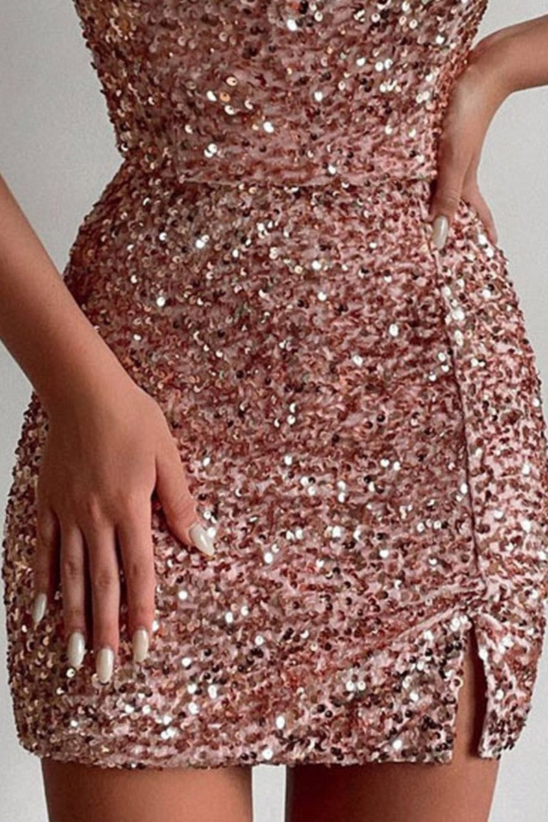 WOMEN SPAGHETTI STRAP SEQUIN MINI PART DRESS