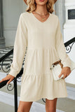 WOMEN LONG SLEEVE V NECK TIERED CASUAL DRESS