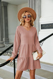 WOMEN LONG SLEEVE V NECK TIERED CASUAL DRESS