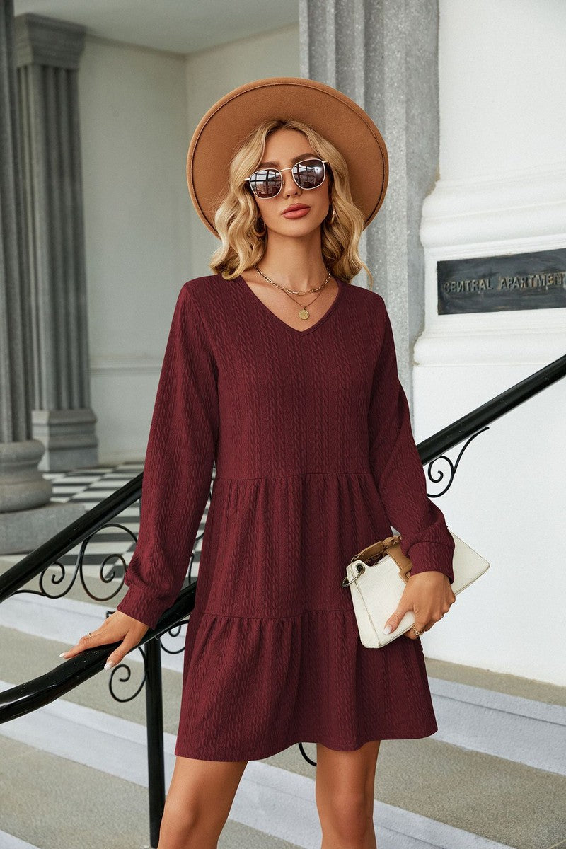 WOMEN LONG SLEEVE V NECK TIERED CASUAL DRESS