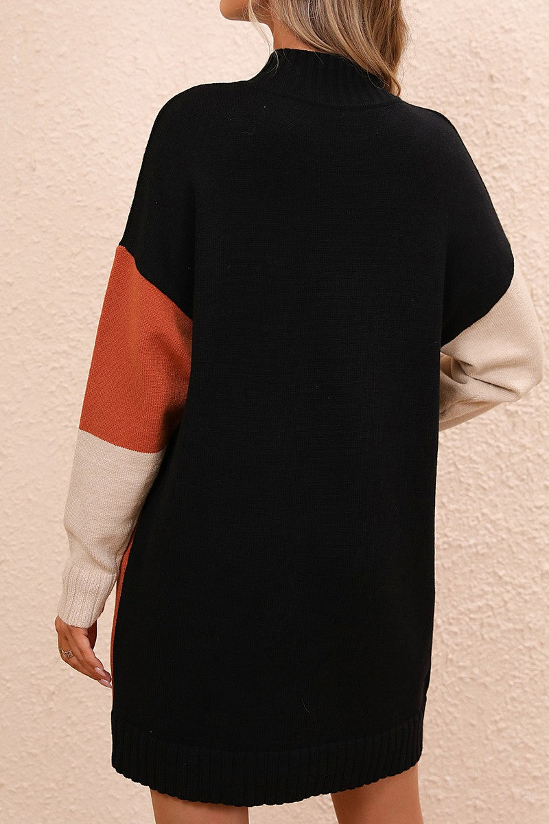 WOMEN LOOSE FIT HIGH NECK COLOR BLOCK KNIT DRESS