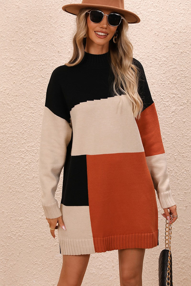 WOMEN LOOSE FIT HIGH NECK COLOR BLOCK KNIT DRESS