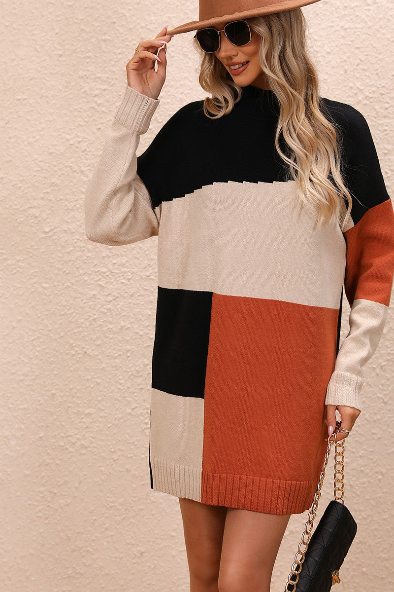 WOMEN LOOSE FIT HIGH NECK COLOR BLOCK KNIT DRESS