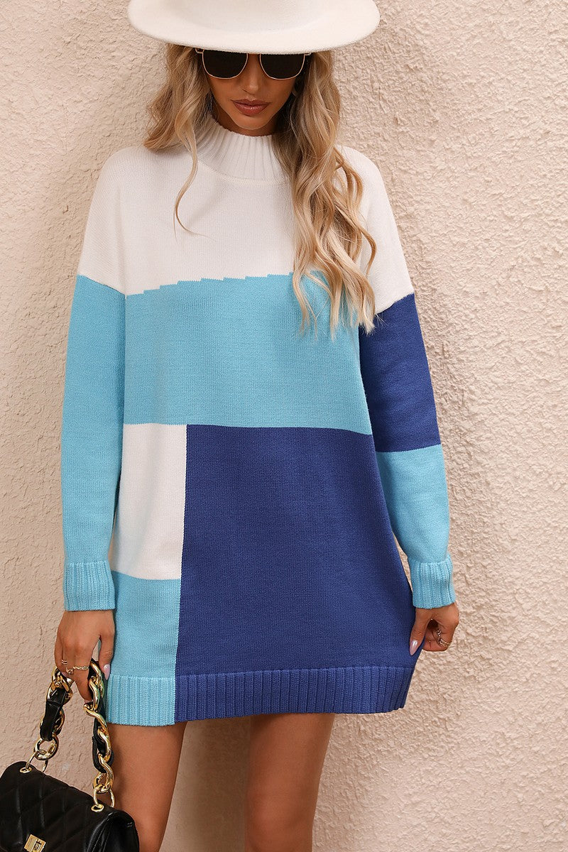 WOMEN LOOSE FIT HIGH NECK COLOR BLOCK KNIT DRESS