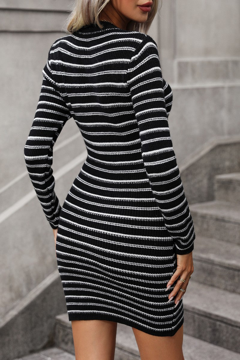 WOMEN TIGHT FIT STRIPE PATTERN MINI KNIT DRESS