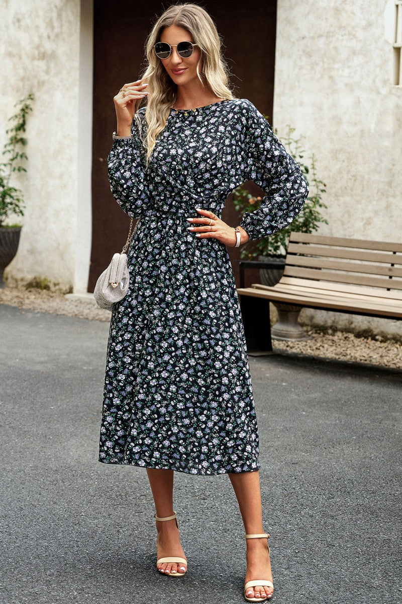 WOMEN FLORAL PRINTING LONG SLEEVE LONG DRESS