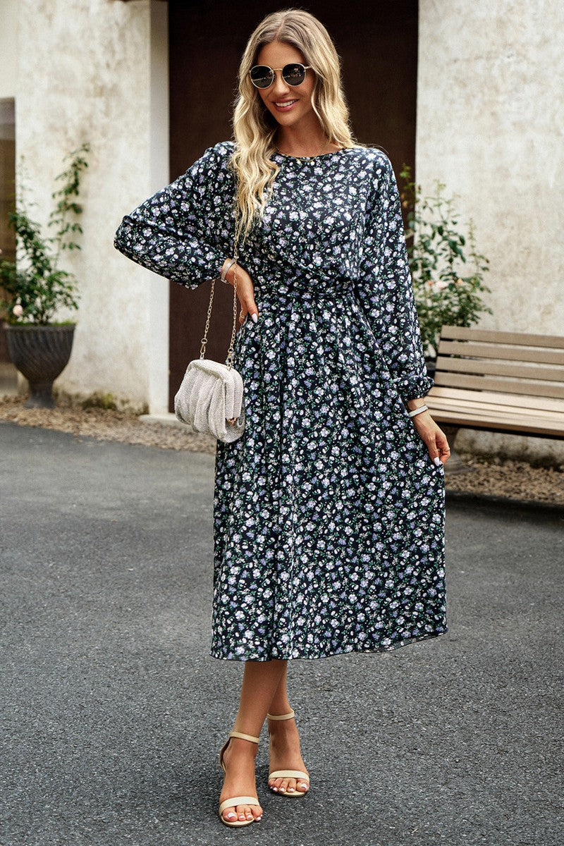 WOMEN FLORAL PRINTING LONG SLEEVE LONG DRESS