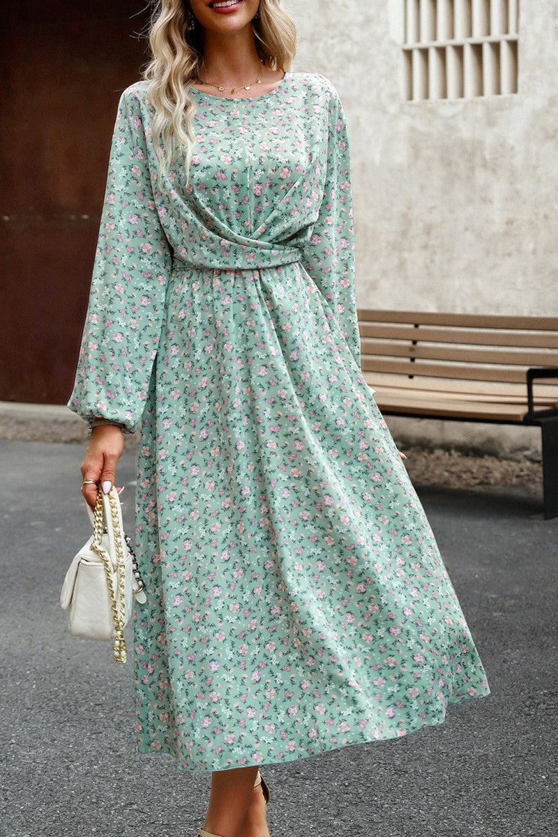 WOMEN FLORAL PRINTING LONG SLEEVE LONG DRESS