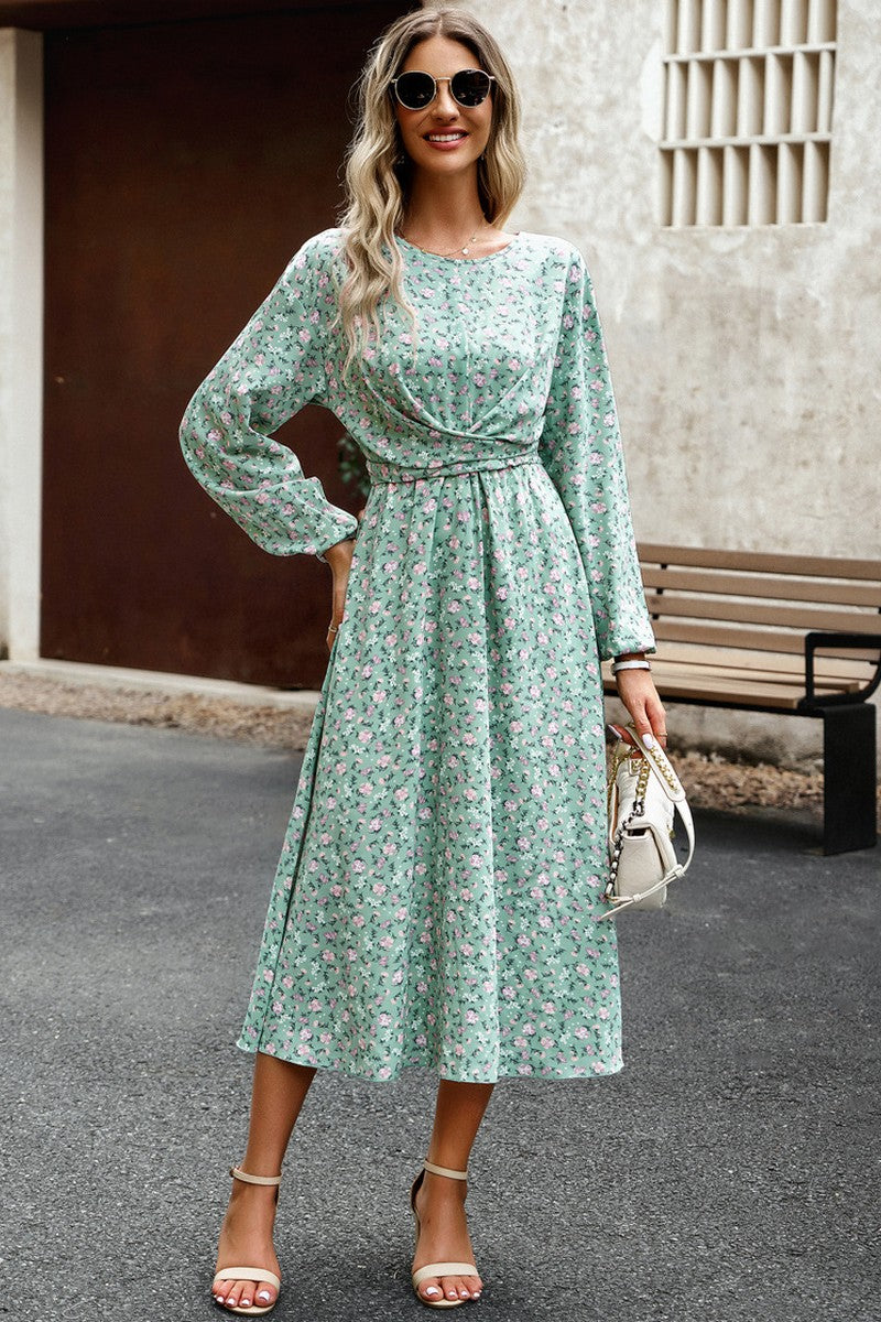 WOMEN FLORAL PRINTING LONG SLEEVE LONG DRESS