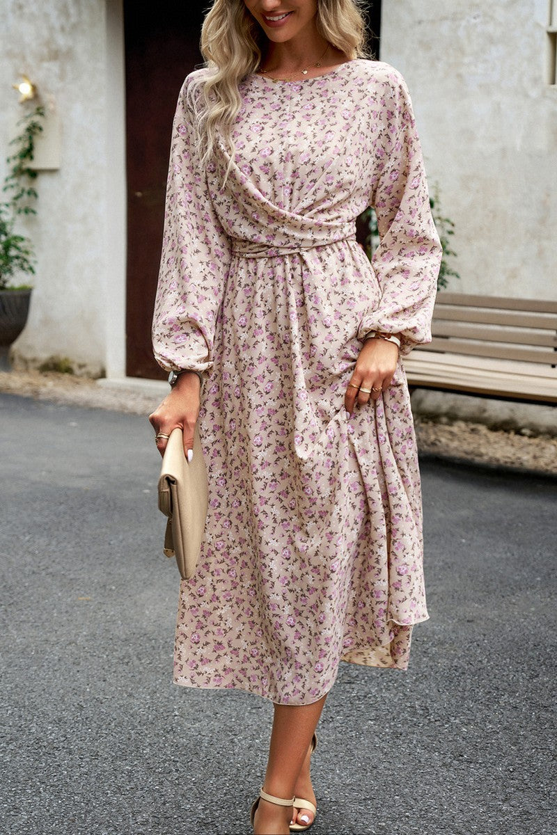 WOMEN FLORAL PRINTING LONG SLEEVE LONG DRESS