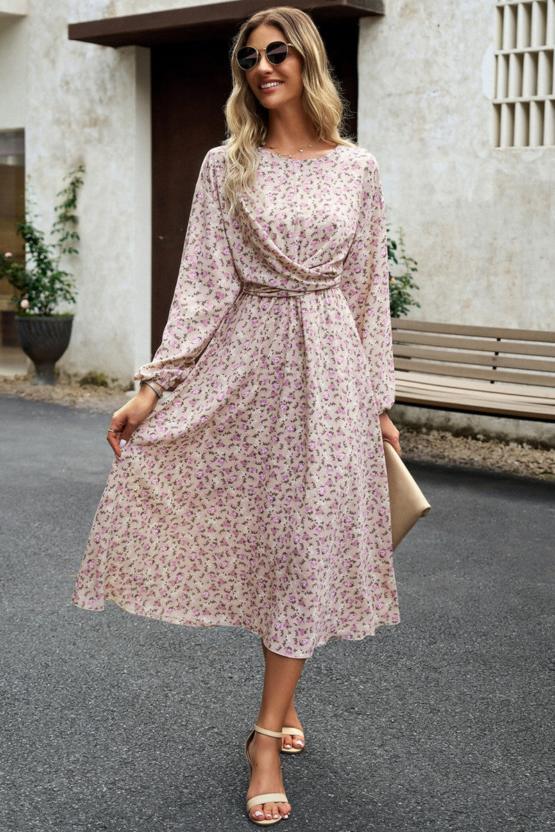 WOMEN FLORAL PRINTING LONG SLEEVE LONG DRESS