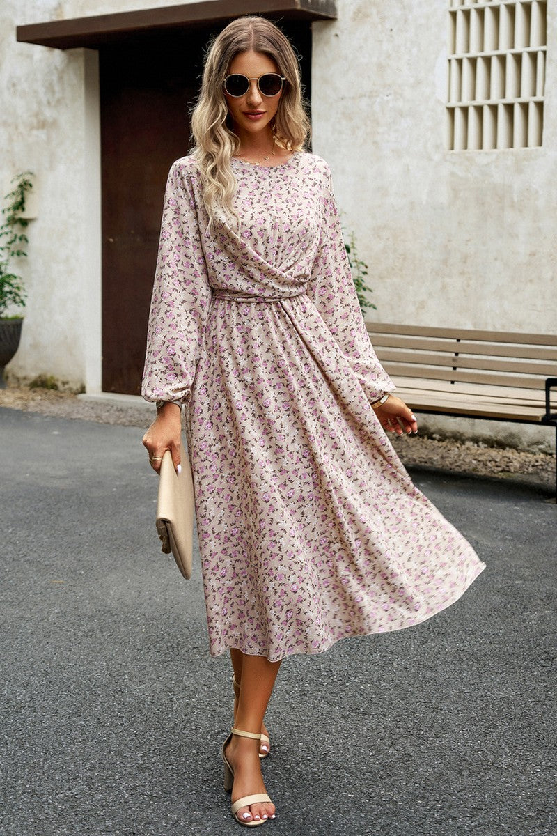 WOMEN FLORAL PRINTING LONG SLEEVE LONG DRESS