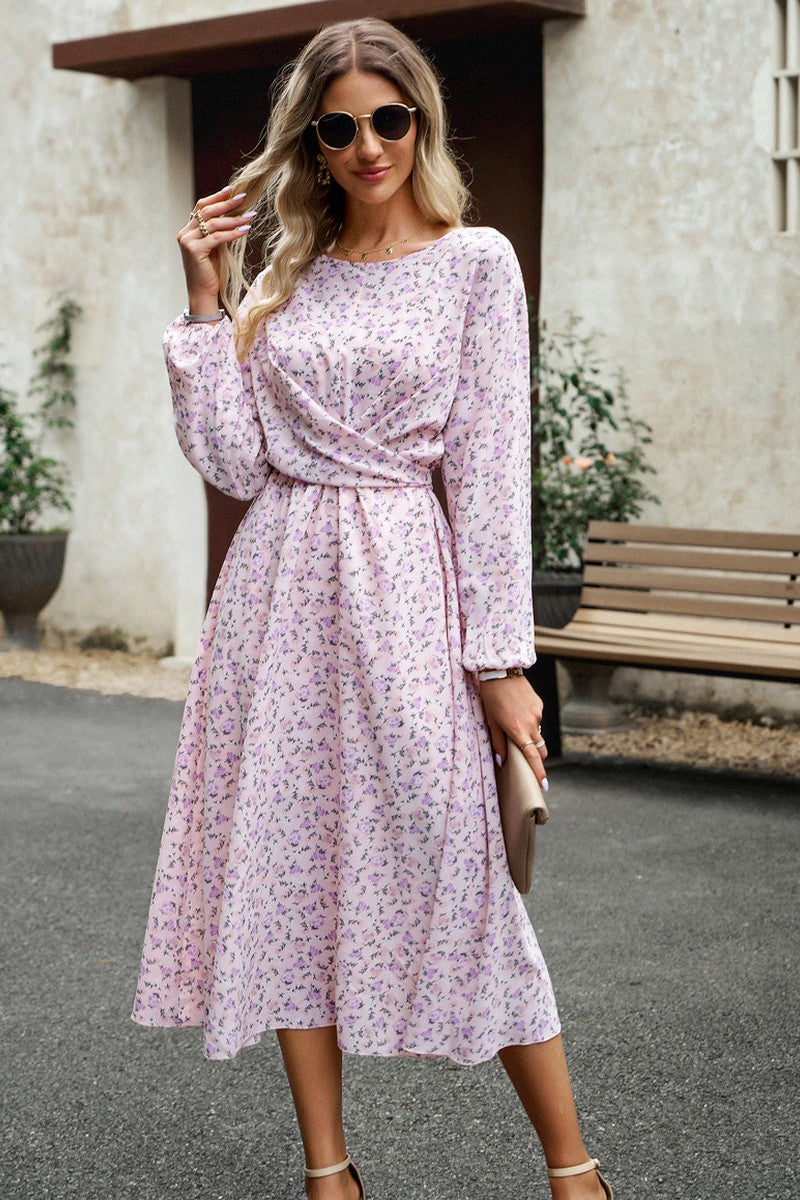 WOMEN FLORAL PRINTING LONG SLEEVE LONG DRESS