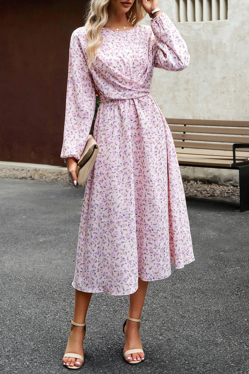 WOMEN FLORAL PRINTING LONG SLEEVE LONG DRESS