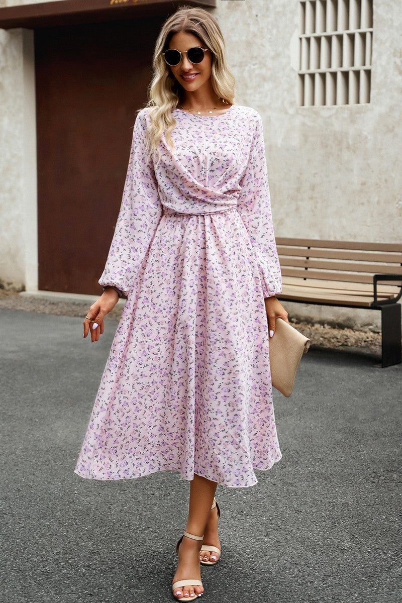 WOMEN FLORAL PRINTING LONG SLEEVE LONG DRESS