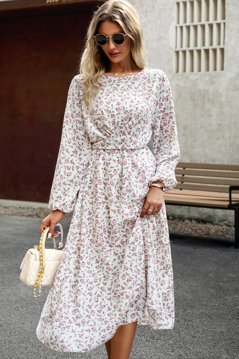 WOMEN FLORAL PRINTING LONG SLEEVE LONG DRESS