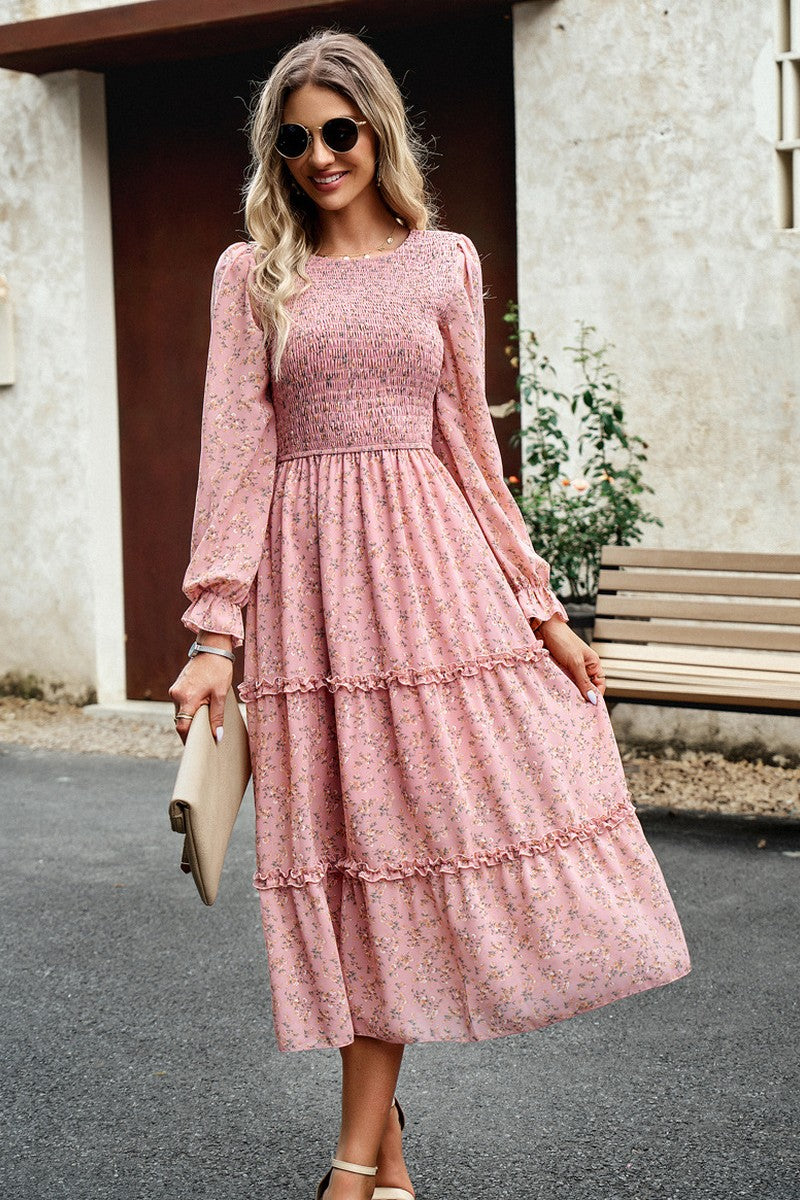 WOMEN SMOKING LONG SLEEVE TIERED LONG DRESS