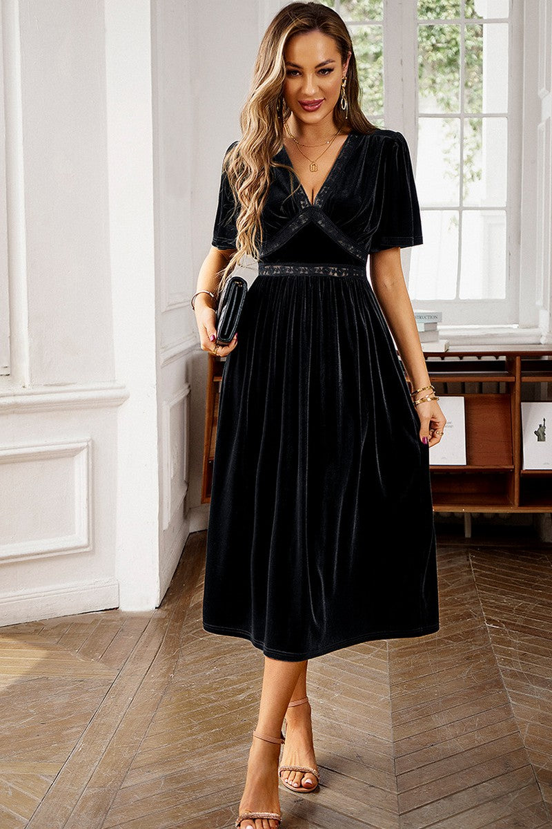 WOMEN SEXY V NECK SHORT SLEEVE SLIM PARTY DRESS